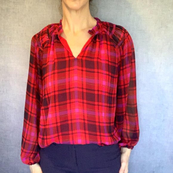 Ann Taylor Plaid Shirred Raglan Sleeve Top Size Small, Lined, Lightweight, EUC - Picture 3 of 10